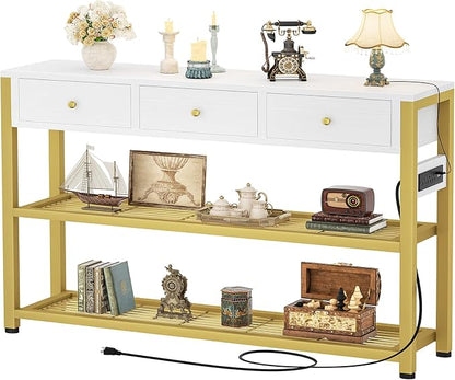 Ecoprsio 47'' Entryway Table with Outlets and USB Ports, Console Table with 3 Drawers, Sofa Table Narrow Long with Storage Shelves for Living Room, Couch, Hallway, Foyer, White and Golden