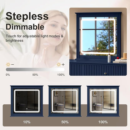 RoyalCraft 6 Drawer Dresser with Lighted Mirror, Blue Fluted Modern Wood Chest of Drawers, Long Dresser for Bedroom Storage