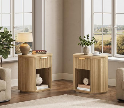 Fluted Nightstands Set of 2 with Charging Station, 23.6" Large Bedside Side Table, Wood End Table with Drawer Storage, Curved Round Corner, Furniture Bedroom Sofa, Mid Century Modern, Farmhouse, Oak