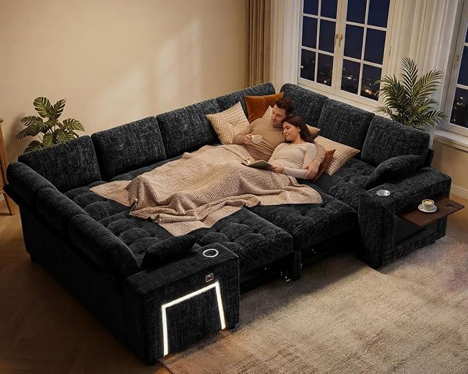 Vipbear 111" Modular Sectional Sleeper Sofa with Pull Out Bed, 8 Seat Chenille U Shaped Couch with 2 Pull-Out Beds|USB Ports|Cup Holders|Side Table|LED Light, Tool Free Assembly, Black