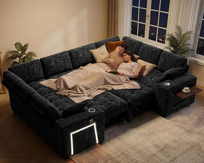 Vipbear 111" Modular Sectional Sleeper Sofa with Pull Out Bed, 8 Seat Chenille U Shaped Couch with 2 Pull-Out Beds|USB Ports|Cup Holders|Side Table|LED Light, Tool Free Assembly, Black