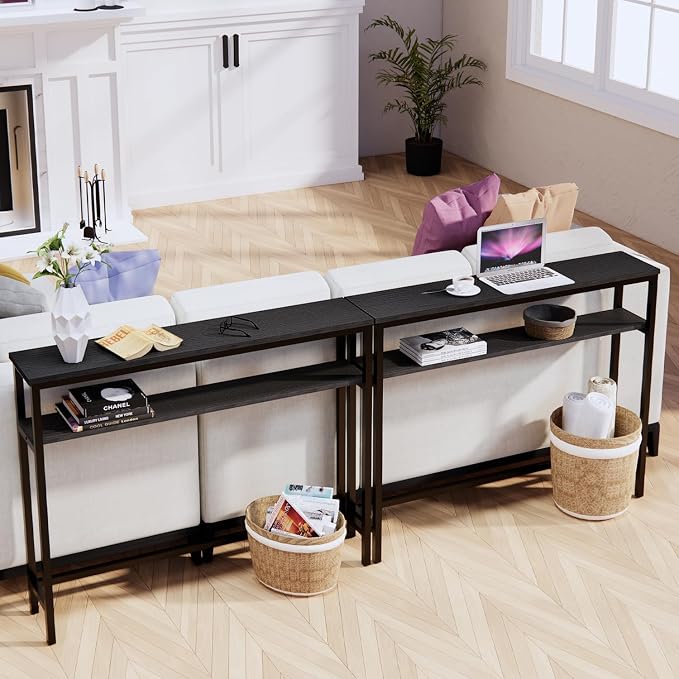 Timberer Narrow Console Table, 39.4” Sofa Table with Adjustable Shelf, 2-Tier Long Skinny Table for Hallway, Entryway, Living Room, Foyer, Black