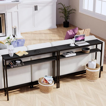 Timberer Narrow Console Table, 39.4” Sofa Table with Adjustable Shelf, 2-Tier Long Skinny Table for Hallway, Entryway, Living Room, Foyer, Black