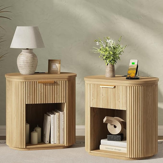 Fluted Nightstands Set of 2 with Charging Station, 23.6" Large Bedside Side Table, Wood End Table with Drawer Storage, Curved Round Corner, Furniture Bedroom Sofa, Mid Century Modern, Farmhouse, Oak