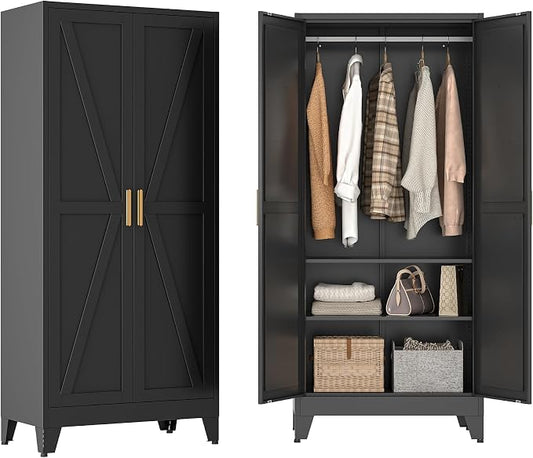 Metal Wardrobe Closet with Doors and Shelves, 71" Farmhouse Bedroom Armoire with Hanger Rod and Clothing Shelf, Black Metal Closet Cabinet for Garage, Office, Laundry Room