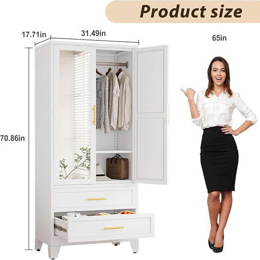 Metal Wardrobe Storage Cabinet with Mirror and Hanging Rod,71'' Metal Clothing Cabinet with 2 Doors and 2 Drawers and Adjustable Shelves for Bedroom, Laundry Room, Cloak Room (White)