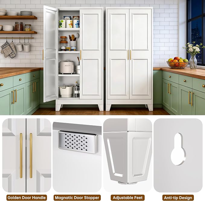 61.4" H Metal Pantry Cabinet with 3 Adjustable Shelves, Kitchen Pantry Cabinet with 2 Doors, Freestanding Food Cabinet for Kitchen, Home, Assembly Required, White