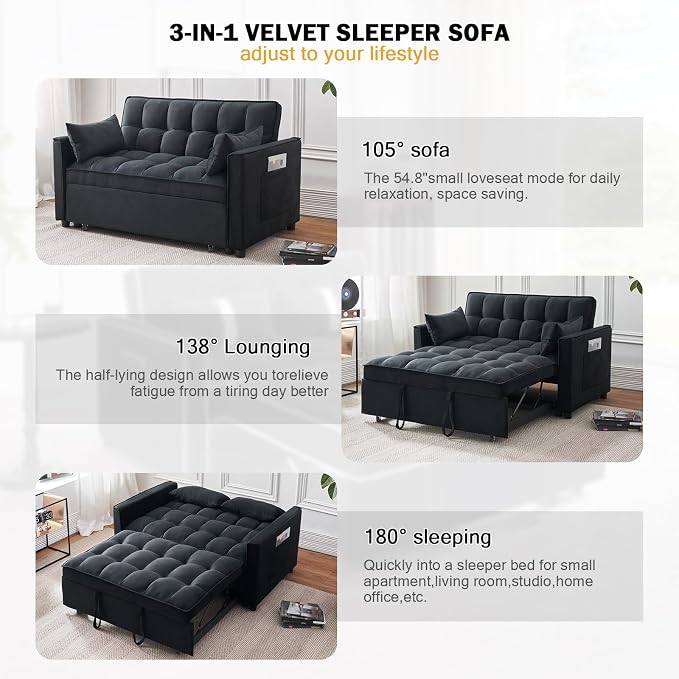 Velvet Pull Out Couch Bed & Sleeper Sofa, 3-in-1 Convertible Sofa Bed with Adjustable Backrest, Storage Pockets, Armrests & Pillows for Small Spaces (Black)