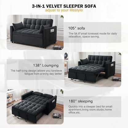 Velvet Pull Out Couch Bed & Sleeper Sofa, 3-in-1 Convertible Sofa Bed with Adjustable Backrest, Storage Pockets, Armrests & Pillows for Small Spaces (Black)