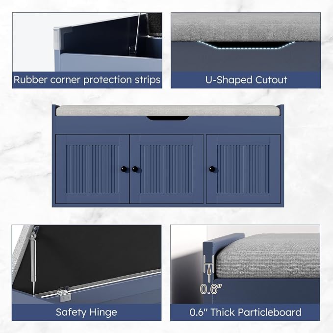 40" Storage Bench - Entryway Shoe Bench with 3 Doors and Top Storage Area, Multifunctional Entryway Bench with Lift Top Cushion, Shoe Storage Bench for Bedroom, Living Room, Navy Blue