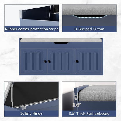 40" Storage Bench - Entryway Shoe Bench with 3 Doors and Top Storage Area, Multifunctional Entryway Bench with Lift Top Cushion, Shoe Storage Bench for Bedroom, Living Room, Navy Blue