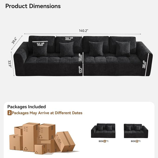 140''Modular Sectional Couches for Living Room, Cloud Boneless Compressed Sectional Sofa, Oversized 4 Seater Upholstered Memory Foam Sofa, No Assembly, Chenille Black