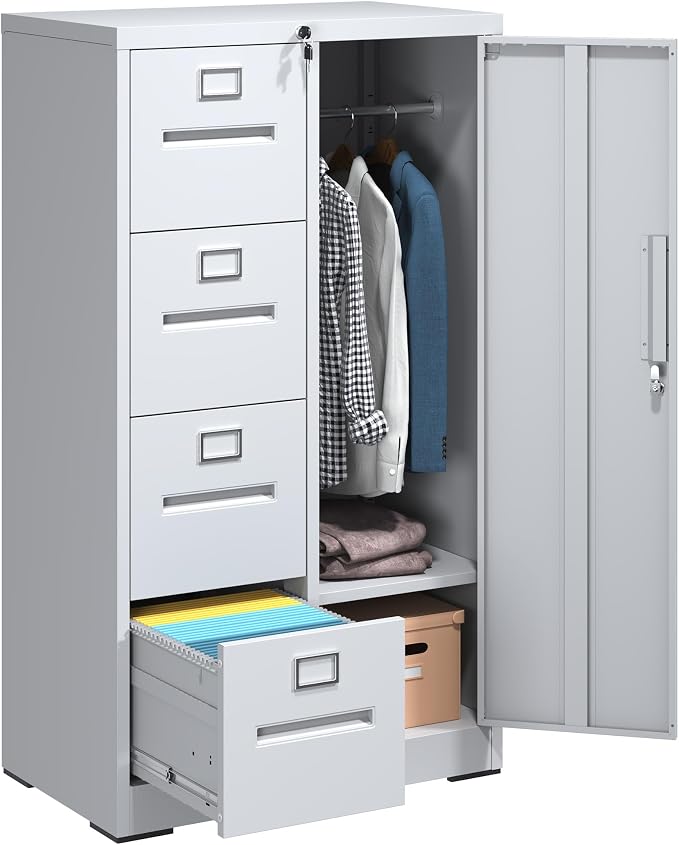 IKIMI Locking File Cabinet with 4 Drawers and 1 Door,White Metal Storage Locker Cabinets for Employees,Home Office Filing Cabinets for Legal/Letter Size Files, Assembly Required