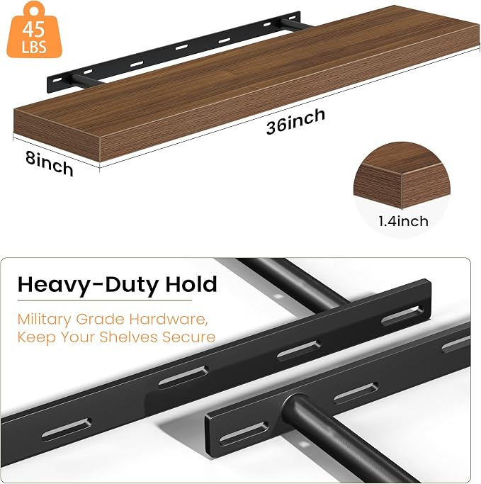 Fun Memories 36 Inch Floating Shelves - Deep Rustic Wooden Wall Shelves - Extra Deeper & Thicker Wall Mounted Storage Shelf for Bedroom, Kitchen, Farmhouse - 2 Pack, Walnut