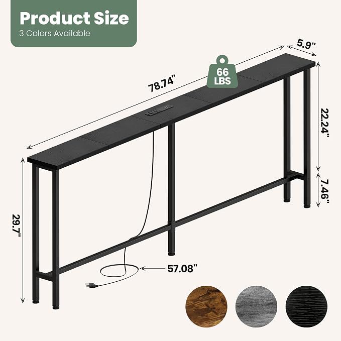 GRLEAF 78" Sofa Table with Built-in Power Strip (2 AC Outlets & 2 USB Ports) – 4.9ft Power Cord, Metal Frame, Easy Assembly, Long Couch Table Behind Sofa, Hallway, Living Room and Home Office | Black