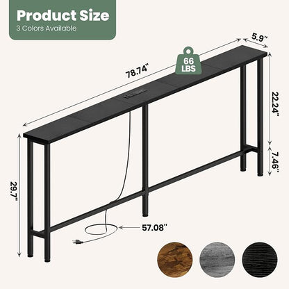 GRLEAF 78" Sofa Table with Built-in Power Strip (2 AC Outlets & 2 USB Ports) – 4.9ft Power Cord, Metal Frame, Easy Assembly, Long Couch Table Behind Sofa, Hallway, Living Room and Home Office | Black