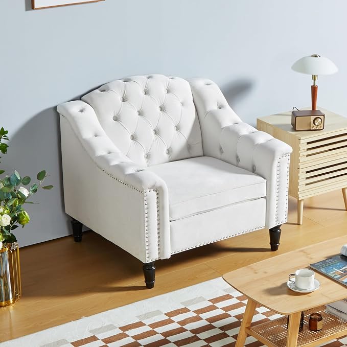 LEVNARY White Velvet Chair for Bedroom, Upholstered Sofa Chair with High Back, Mid-Century Modern Armchair with Solid Wood Legs, Single Couches for Living Room (White)
