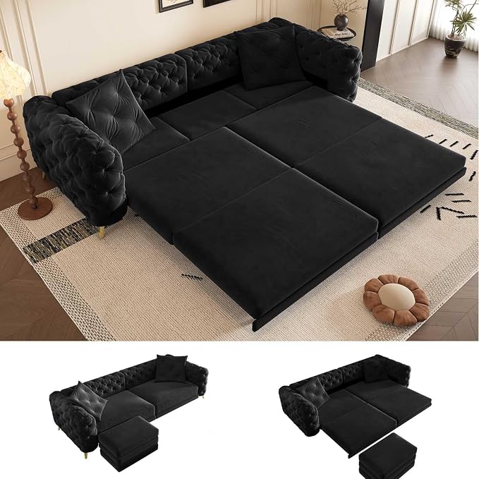 97.7'' Pull Out Sofa Bed King, Chesterfield Velvet Sleeper Sofa, Convertible L-Shaped Futon Couch, Tufted Back, Ottoman, Deep Seat Loveseat Couches for Living Room, Apartment, Black