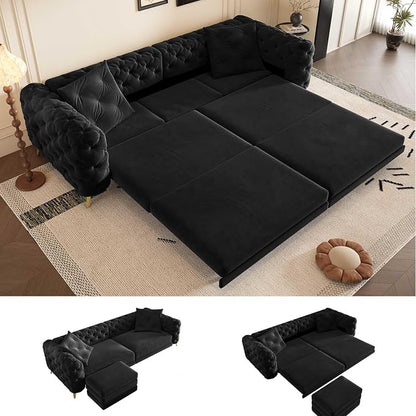 97.7'' Pull Out Sofa Bed King, Chesterfield Velvet Sleeper Sofa, Convertible L-Shaped Futon Couch, Tufted Back, Ottoman, Deep Seat Loveseat Couches for Living Room, Apartment, Black
