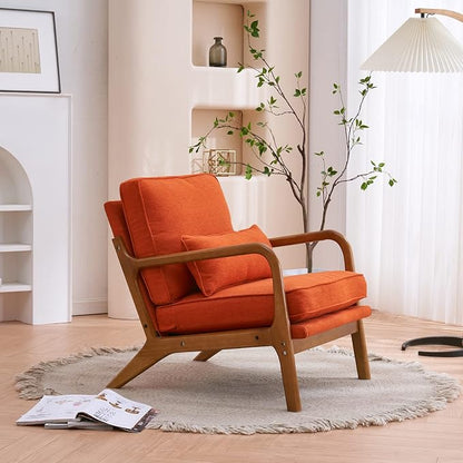 Bonnlo Linen Burnt Orange Mid Century Modern Accent Chair, Soild Wood Padding Lounge Armchairs Side Sitting Chairs for Living Room, Bedroom, Guest Room