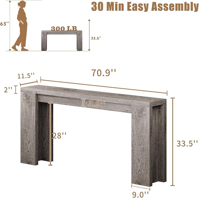 70.9 Inch Extra Long Console Table, Farmhouse Entryway Table with Thickened Base, Wood Sofa Table Behind Couch Table, Narrow Entry way Accent Table for Living Room, Hallway, Entrance, Foyer, Grey