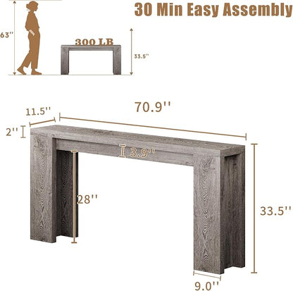 70.9 Inch Extra Long Console Table, Farmhouse Entryway Table with Thickened Base, Wood Sofa Table Behind Couch Table, Narrow Entry way Accent Table for Living Room, Hallway, Entrance, Foyer, Grey
