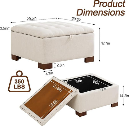 WUTUTUEE 30" Fabric Square Storage Ottoman with Wooden Tray, Modern Tufted Button Footstool Coffee Table, Upholstered Large Ottoman for Living Room, Bedroom, Beige