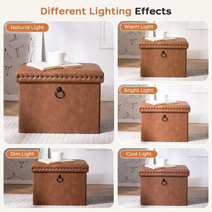 oakvivo Folding Storage Ottoman 16x12x12 inches, Small Faux Leather Foot Rest Stool with Button Tufted Rivet Design, Footstool Bench, Ottoman with Storage for Living Room Bedroom Coffee Table, Brown