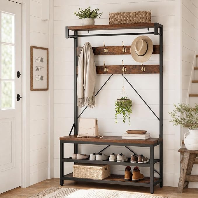 IDEALHOUSE Industrial Hall Tree with Bench and Shoe Storage, 3-in-1 Entryway Mudroom Organizer with 8 Coat Hooks, Heavy Duty Standing Clothes Rack for Hallway, Rustic Brown