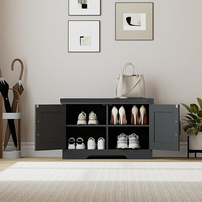 HOMSHO Farmhouse Shoe Storage Bench with 2 Barn Doors & Padded Seat Cushion | 27.6" Wide Entryway Bench with Adjustable Shelves & Hidden Storage, Black