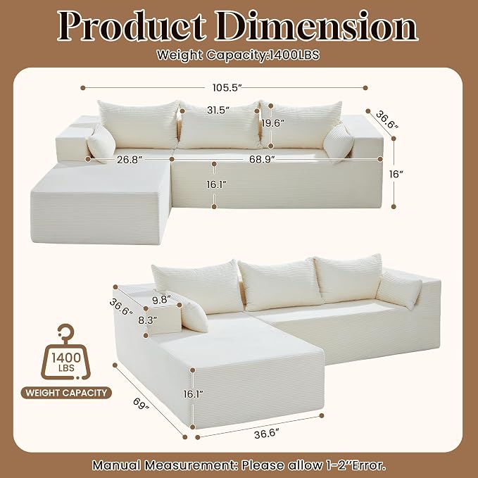 106" Cloud Sectional Boneless Couches for Living Room, Modular L Shaped Couch with Deep Seat Oversized Left Facing Chaise, Memory Foam Compressed Spineless 3 Seater Sofa for Bedroom Apartment, Beige