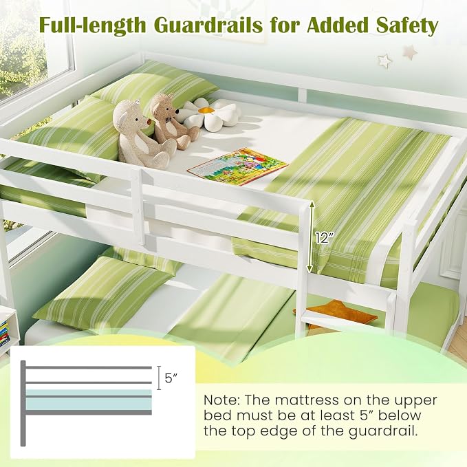 Giantex Full Over Full Bunk Bed, Solid Wood Kids Bunk Bed with Full-Length Guardrails, Integrated Ladder & Anti-Tippling Kits, Low Bunk Beds with Slats Support for Kids, Teens, White