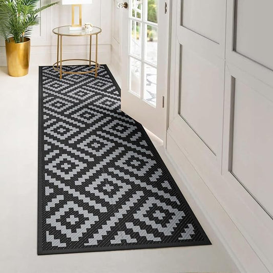 GENIMO Outdoor Rugs 2.5'x8' Waterproof, Reversible Mats, Outdoor Area Rug, Plastic Outside Carpet, Eeometric Rv Mat for Patio Camping Rv Picnic Backyard Deck Balcony Porch Beach (Black & Grey)