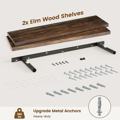 Floating Shelves for Wall Decor, 8" Deep Solid Elm Wood Floating Shelves Wall Mounted, Rustic Wall Shelves with Invisible Bracket for Living Room Bathroom Bedroom Kitchen, 36 Inch Set of 2, Walnut