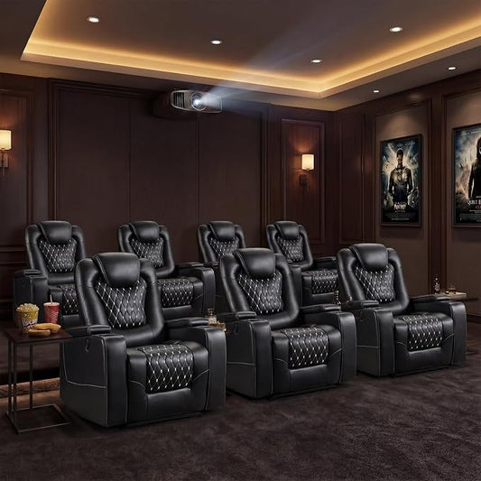 ANJ Power Recliner Chair Set of 7, Electric Soft Faux Leather Reclining Home Theater Seating - USB Ports, Cup Holders, Hidden Arm Storage Movie & Media Room Chairs (Black)