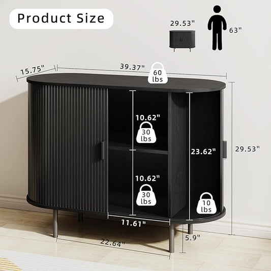 Buffet Sideboard Cabinet with Storage, 40" Fluted Cabinet with Sliding Door & Adjustable Shelf, Modern Accent Coffee Bar Console Table for Kitchen, Entryway, Black