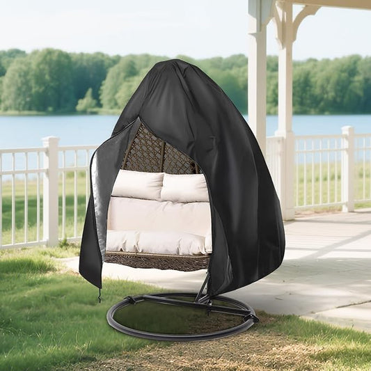 Heavy-Duty Outdoor Egg Chair Cover for Two-Seater - Zippered, UV-Resistant, Windproof, Anti-Oxidation & Anti-Fade Protection for Hanging Wicker Rocker Chairs, 79"x91" (Black)
