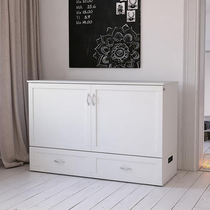 AFI Hamilton Queen Murphy Bed Chest with Mattress, Storage, and Built-in Charger in White