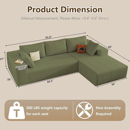 96" Modular Sectional Couch, Boneless L Shaped Cloud Sofa with Chaise Lounge, Corduroy Upholstered Couches Memory Foam Deep Seat, No Assembly Required, Ideal for Living Room(Green, Right Facing)