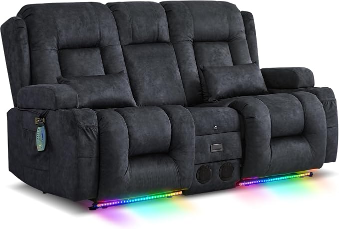 URRED Power Loveseat Recliner Sofa with Massage and Heat, Wall Hugger Reclining Loveseat with Console, RV Couch Home Theater Seating with LED Lights for Living Room (Dark Grey, 67" - 2 Seats)