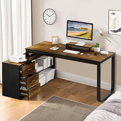MaverickFurni 55" L Shaped Desk with Drawers and Shelves, Home Office Desk with Monitor Stand for Work Writing Study, Reversible Corner Desk with Storage, Black