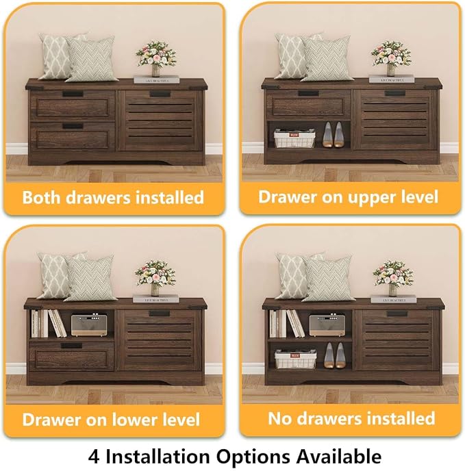 FATORRI Bench with Shoe Storage for Entryway, Wooden Shoe Benches with Flip Door and Drawers, Entry Way Shoes Organizer Cabinet for Living Room Mudroom (Dark Walnut)