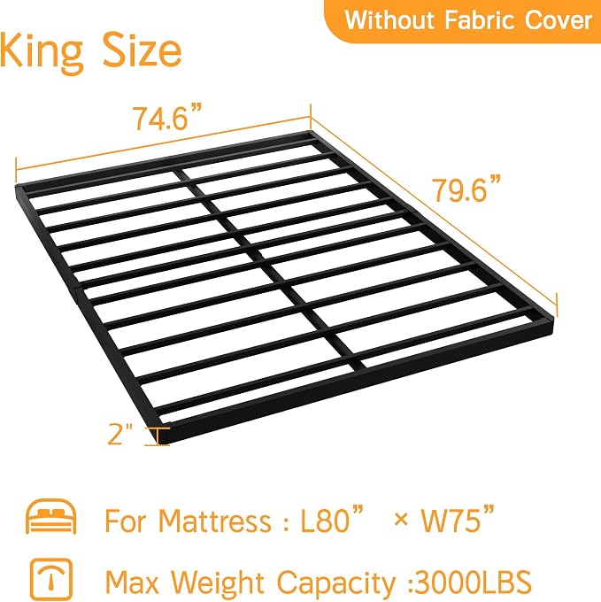Maenizi King Size Box Spring 2 Inch Low Profile, Heavy Duty Metal Box Spring Bed Base Bunkie Board, Mattress Foundation, Easy Assembly, Noise Free, Black