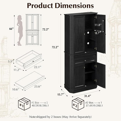 72.2" Tall Kitchen Pantry Cabinet with Doors, Farmhouse Storage Cabinet with Charging Station & LED Light, Drawer, Adjustable Shelves and Pull-Out Shelves, Black Wood Pantry Cupboard for Dining Room