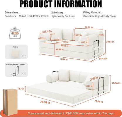 78.8" Boneless Memory Foam Couch, Corduroy Convertible Floor Sofa Bed, Fold-Out Sleeper Futon Loveseat, Wide Armrests & Supportive Back, 1200 lb, Couch in a Box, 2 Pillows,White