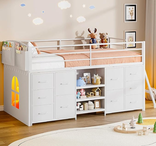 Twin Low Loft Bed with 10 Storage Drawers and LED Lights, Loft Bed Twin Size for Kids with Bookcase, Metal Kids Loft Bed Frames with Safety Guardrail, Inclined Ladder&Play Curtain,Spave Saving,White
