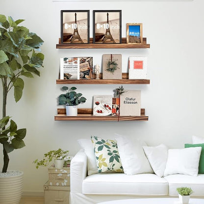 MBYD 24 Inch Picture Ledge Shelf Set of 3, Rustic Torched Wood Floating Shelves for Bedroom Living Room Kitchen Wall Decor, Carbonized Finish Display Nursery Bookshelf for Photos, Books, and Art