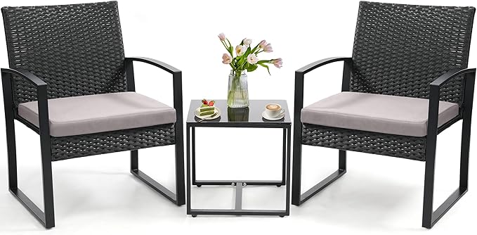 3 Piece Outdoor Wicker Bistro Set, Rattan Patio Conversation Set with Coffee Table & Washable Cushions for Porch Yard Balcony, Black/Grey