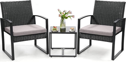 3 Piece Outdoor Wicker Bistro Set, Rattan Patio Conversation Set with Coffee Table & Washable Cushions for Porch Yard Balcony, Black/Grey