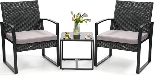 3 Piece Outdoor Wicker Bistro Set, Rattan Patio Conversation Set with Coffee Table & Washable Cushions for Porch Yard Balcony, Black/Grey